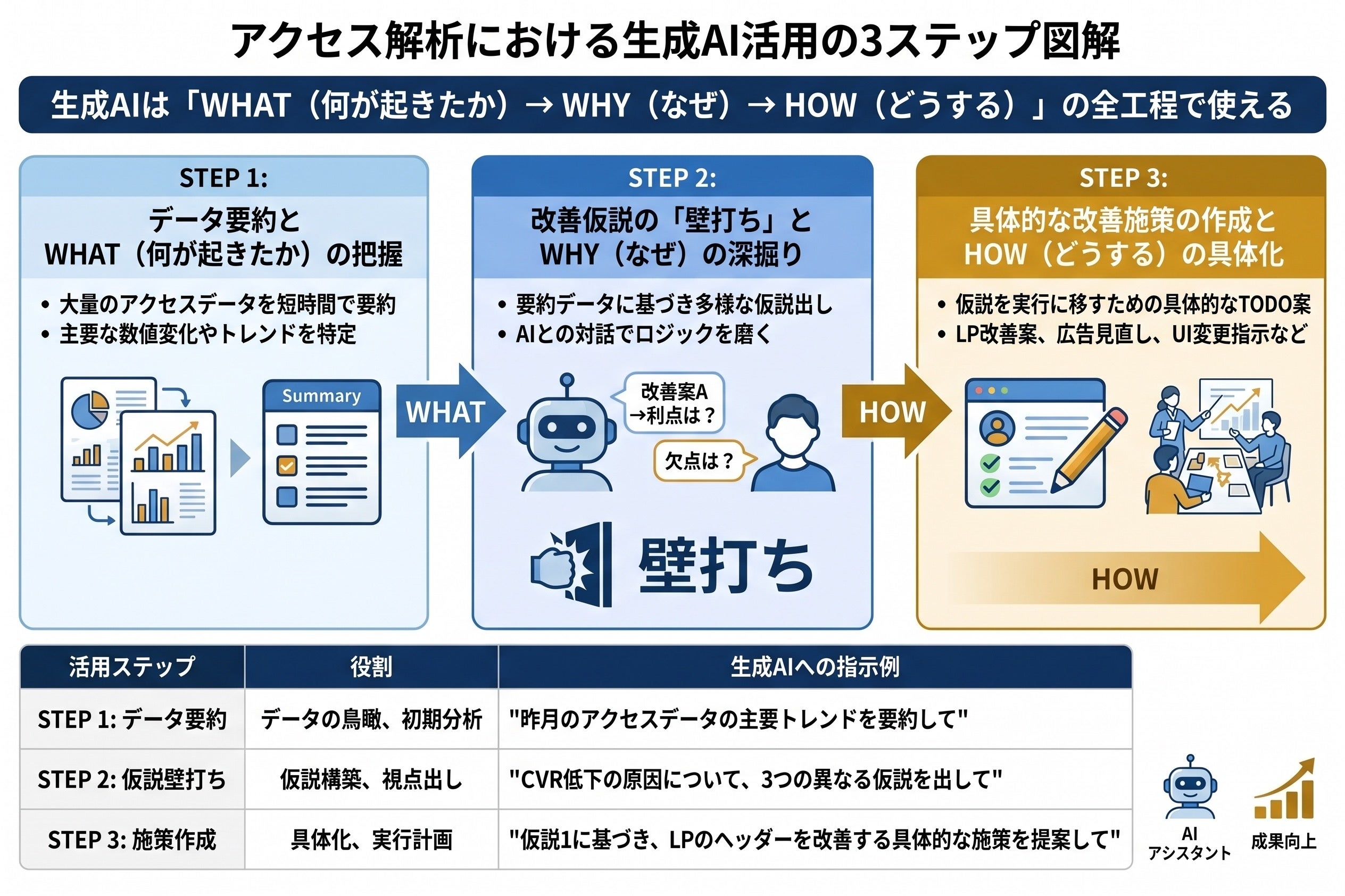 アクセス解析における生成AI活用の3ステップ（データ要約・改善仮説の壁打ち・改善施策の作成）の図解