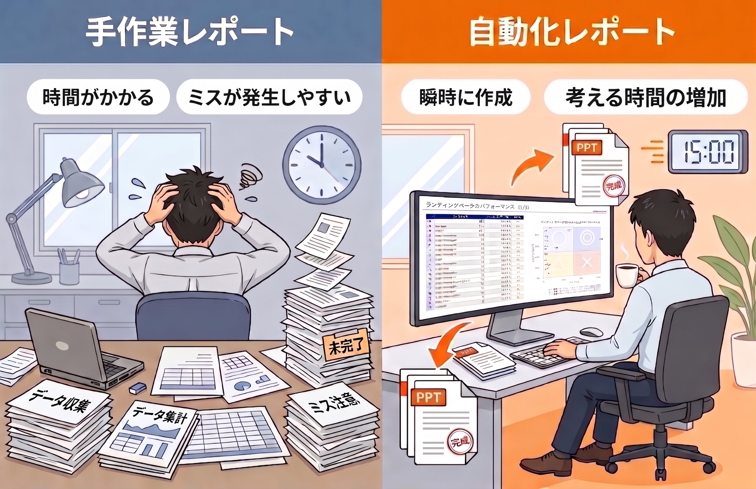 手作業レポートと自動化レポートの働き方の違いを対比したイラスト